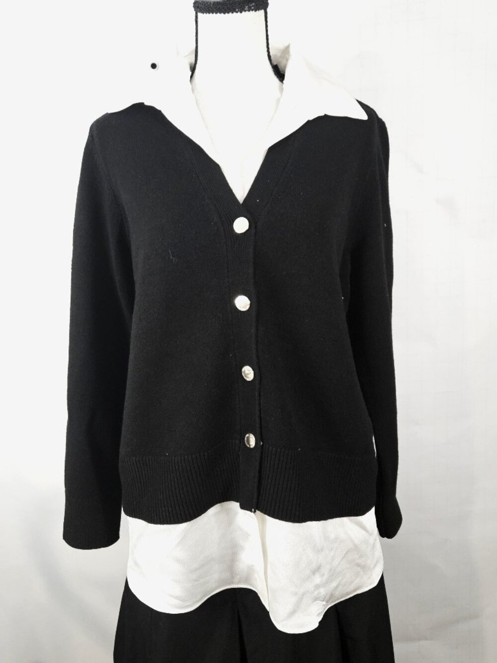 Jones Black Knit Large Cardigan Designed with a Layered, Mixed-Media Look.